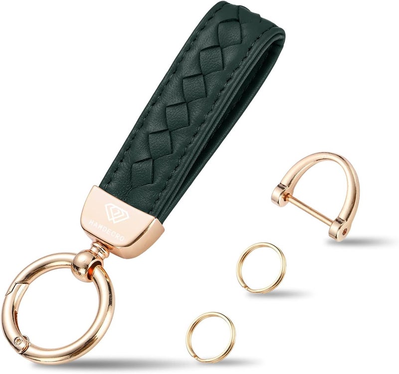 Hamdecro Store Genuine Leather Keychains, Handmade Knit Sheepskin Car Key chains for Women, Universal Key Fob Holder with 360 Degree Rotatable, Anti-Lost D-Ring, 2 Keyrings and 1 Screwdriver – Green - Image 1
